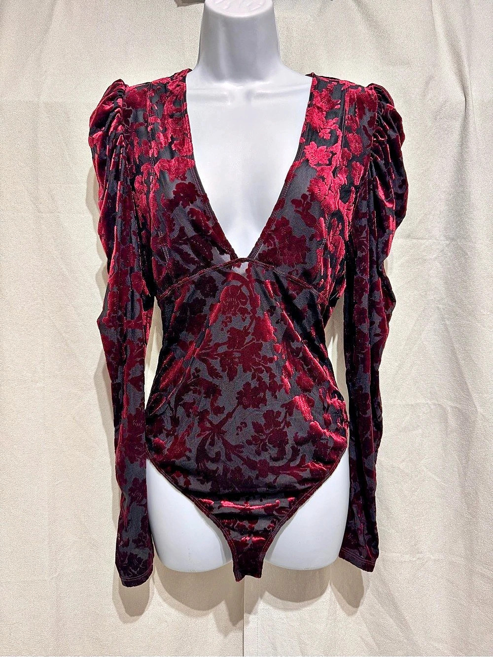 Intimately Free People Magic Hour Bodysuit Med Red Burnout Velvet V Neck Ruched